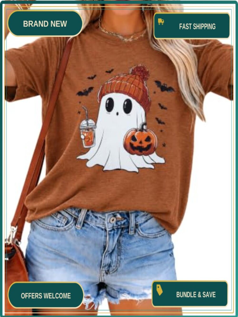 Women's Halloween Ghost Coffee T-Shirt Short Sleeve Crew Neck Casual Fall Tee